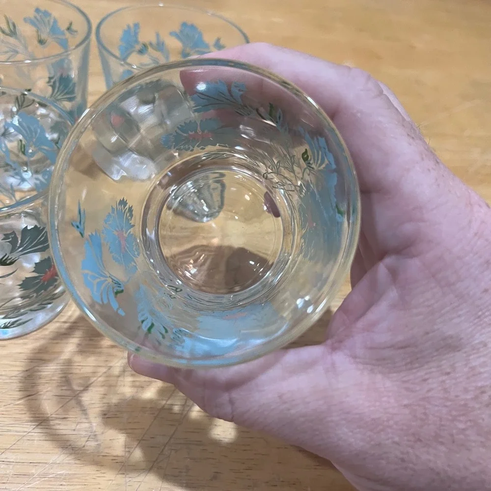 Vtg Taylor Smith & Taylor Teal Ever Yours Floral Juice Glasses Set of‎ 4 MCM